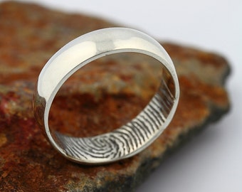 Custom Inner Fingerprint Ring - 14k White Gold Engraving Wedding Band- blackened,5mm