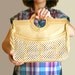 Vintage Handbag Tote - Boho Chic Vintage Purse - Seventies Bohemian Chic Fashion - Tan Cloth with Circle Handles and Crochet Pocket