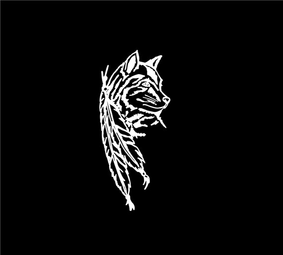 Wolf with feather Decal White Vinyl