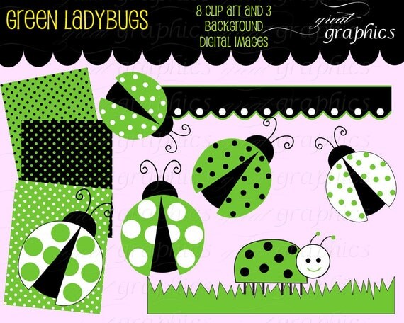Green Ladybug digital clip art elements and digital sheets, 8 ladybug clipart images and 3 digital backgrounds Il_570xn