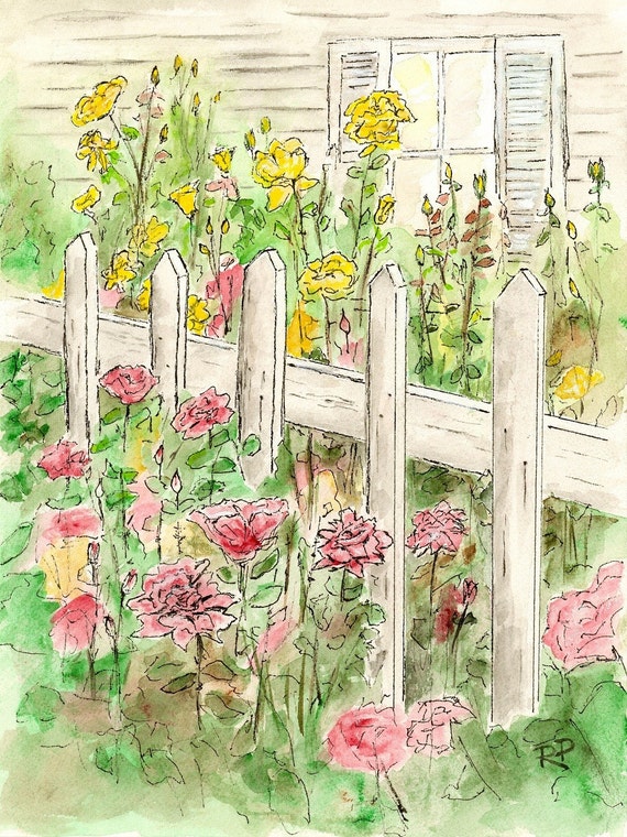 Cottage Garden Watercolor Print Watercolor Art Garden