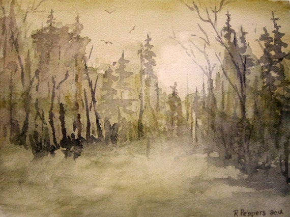 Morning Fog original watercolor painting matted 8x10 by RPeppers