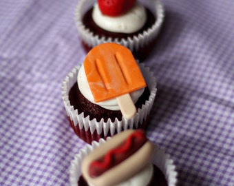 Fondant Picnic Hot Dog, Strawberry and Popsicle Toppers for Decorating Cupcakes, Cookies or Brownies