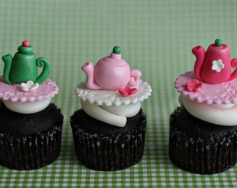 Fondant Tea Pot and Flower Toppers for Decorating Cupcakes or Cookies for Your Tea Party