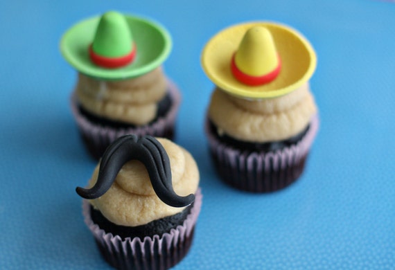 Mustache and Sombrero Fondant Toppers for Cupcakes Perfect for Birthday, Celebration and Cinco De Mayo Parties