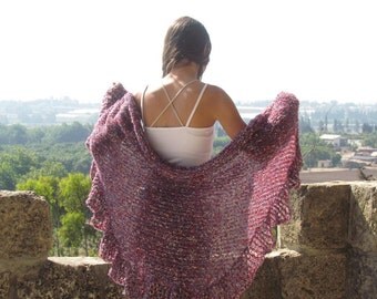 Wraps Shawl Knitted shawl Shawl wrap Red Shawl with a touches of cream and blue Women's Clothing Accessories