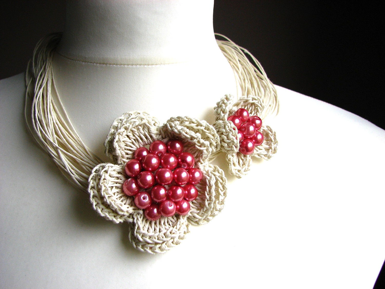 Pearls Pink Flowers linen necklace by GreyHeartOfStone on Etsy