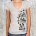 SALE - Screen Printed Alternative Apparel V-Neck Shirt - Japanese Wood Block Styled Nature Scene With Boat - Size S, M, L, XL