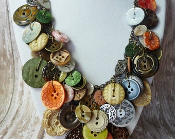 Bountiful Buttons - Vintage Button Necklace,Statement,AWARD WINNING,Green/Coral/Pearl/Ivory Buttons on Brass Chain,Repurposed