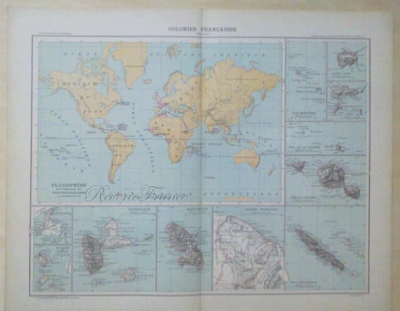 Antique World Map 1890 Large World Map French by reveriefrance