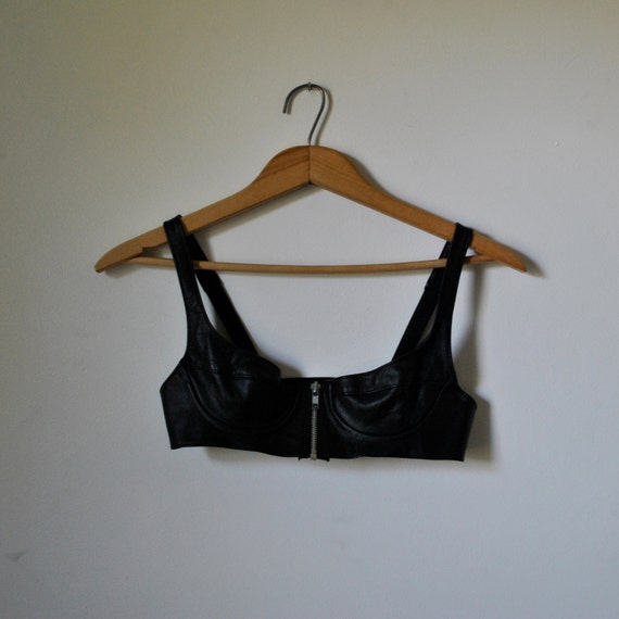 vintage black leather bra with zipper size s A by maisondhibou