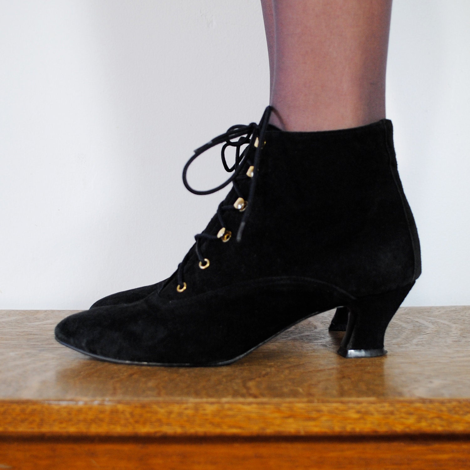 Vintage Boots / Black Suede Lace Up Cropped Boots By Maisondhibou