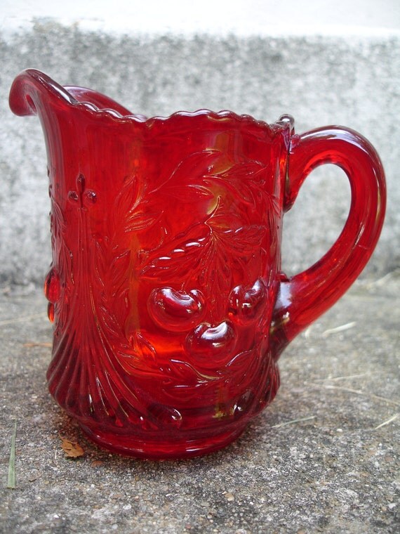 Vintage Red Glass Pitcher with Cherries