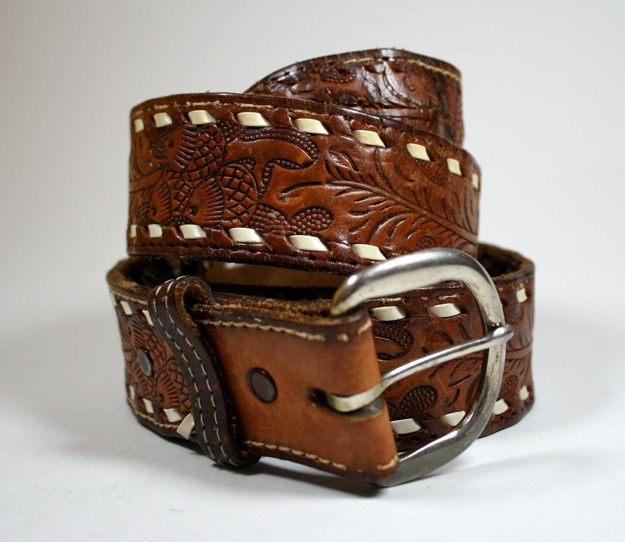 Vintage Brown Hand Tooled Cowboy Belt Acorn Pattern.