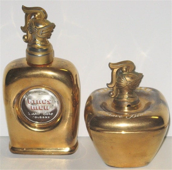 Vintage 1950s Kings Men Gold Glass Cologne Bottle & Shave Bowl