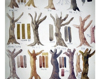 Vintage Original Watercolor Painting Study - Tree Trunks