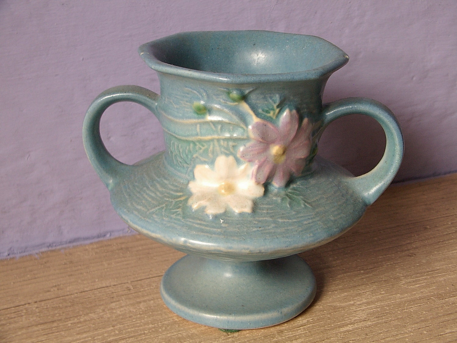 Vintage 1940's Roseville pottery blue cosmos vase by ShoponSherman