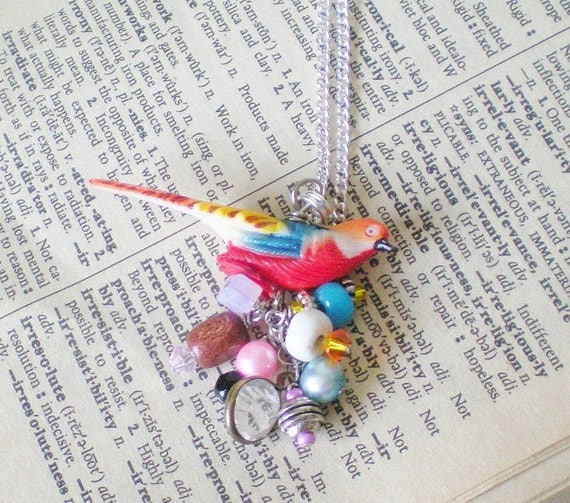 Miniature Bird Pendant Necklace Beaded Dangles Bright