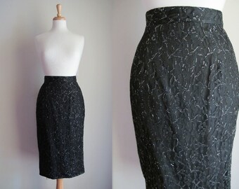 1970s Black Lace Pencil Skirt / 70s Black Evening Sparkle Skirt