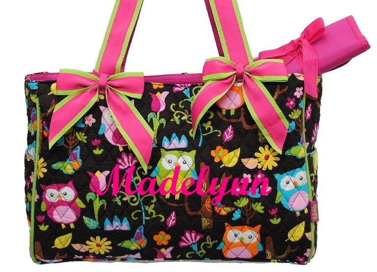 Personalized Diaper Bag Quilted OWL Brown Hot Pink