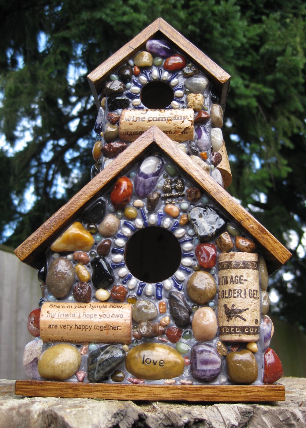 Outdoor Mosaic art Birdhouse with Amethyst Stones