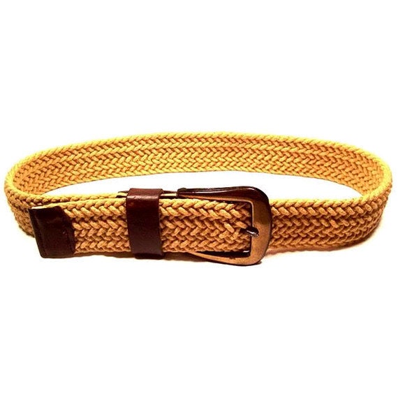 Mustard Yellow Woven Belt with Leather Trim Vintage
