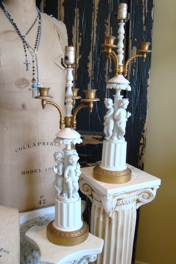 Antique Pr French Bisque Candelabra Lamps with Cherub Putti