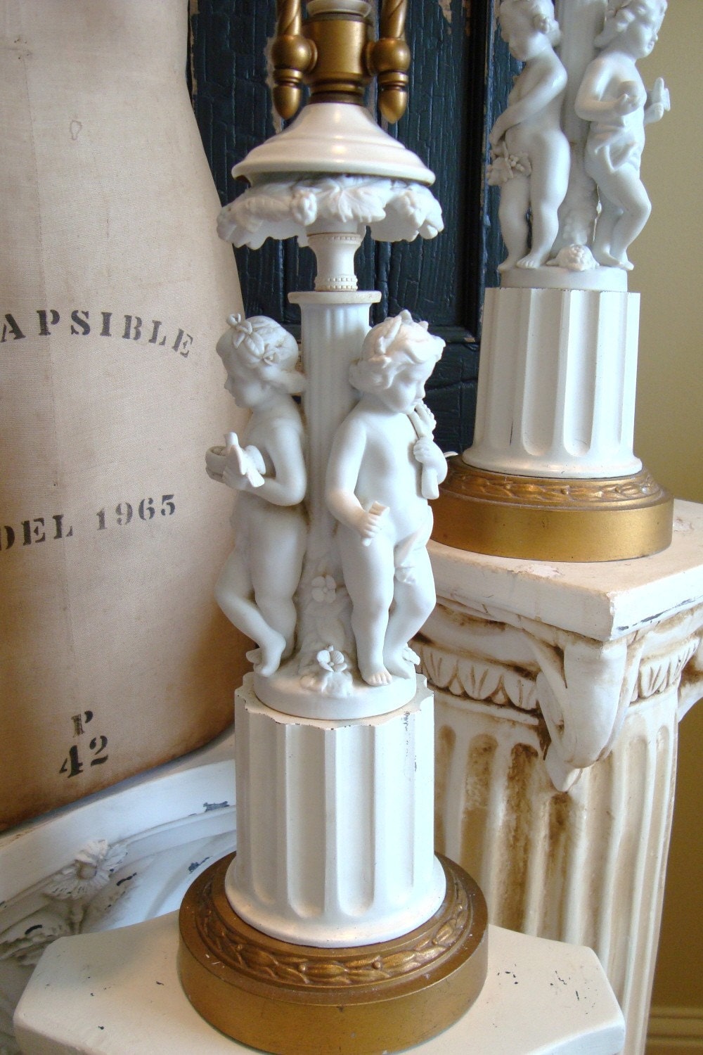 Antique Pr French Bisque Candelabra Lamps with Cherub Putti