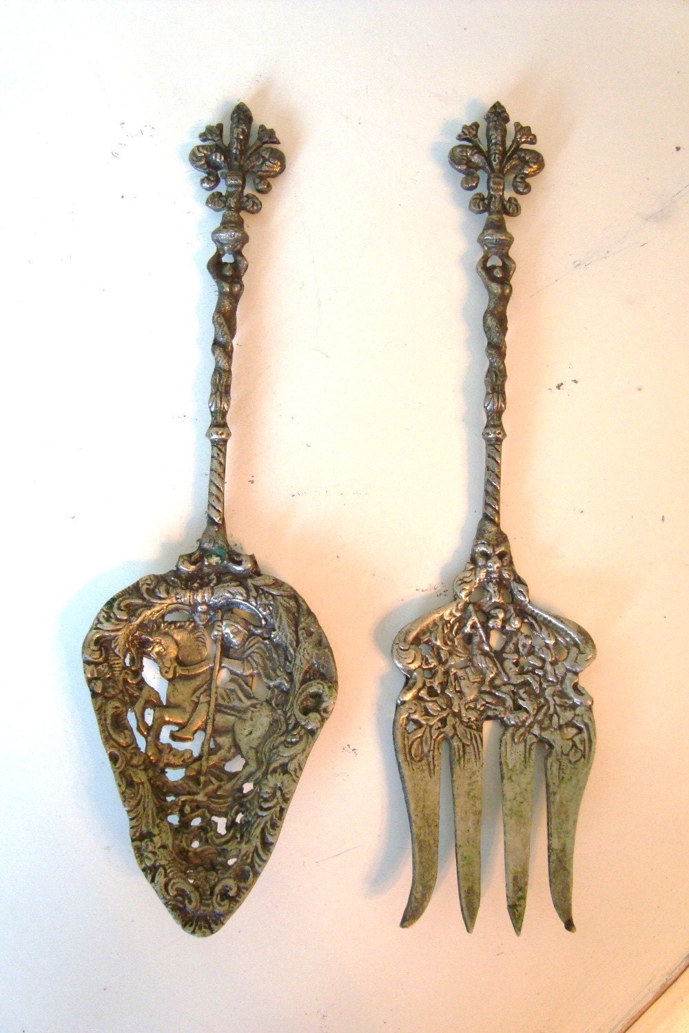 Antique Pr Italy Florentine Serving Fork Spoon Brass