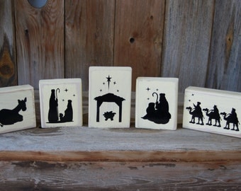Christmas NATIVITY SCENE WOOD Blocks- 5 piece wooden Nativity Set - with Vinyl Lettering, Christmas Kid Friendly- Holiday Signs, Jesus Birth