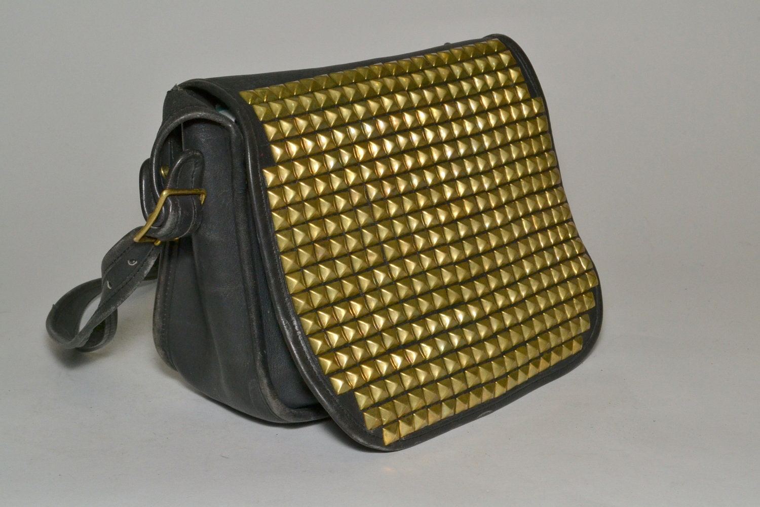 Black Leather Coach Bag With Gold Studs