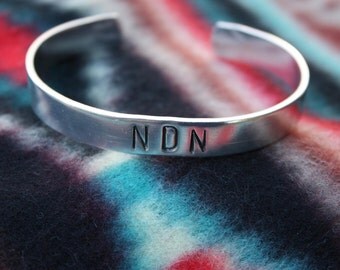 NDN Hand Stamped Cuff Bracelet - Indian - Native American Style - Feather Design - Non Tarnish Aluminum Cuff - Silver Cuff - Two Feathers