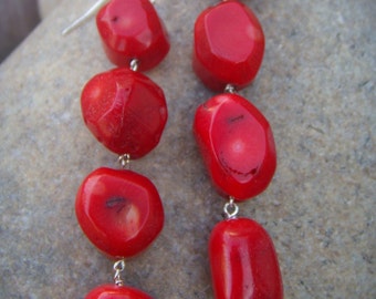 Red Earrings - Red Coral Earrings - Long Dangle Earrings - Sterling Silver - Handmade