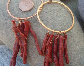 Red Coral Earrings - Hammered Copper Earrings - Large Hoop Earrings - Extra Large Dangle Earrings - Boho Chic