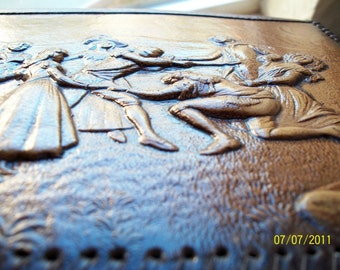 Antique Leather Highly Tooled Pilgram Game Scene Desktop Notebook/ Fancy