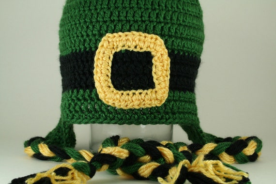 CLEARANCE SALE - Lucky Leprechaun Hat With Eaflaps and Braided Ties Green, Black and Yellow - Preteens/Teen -Ready To Ship -Crocheted