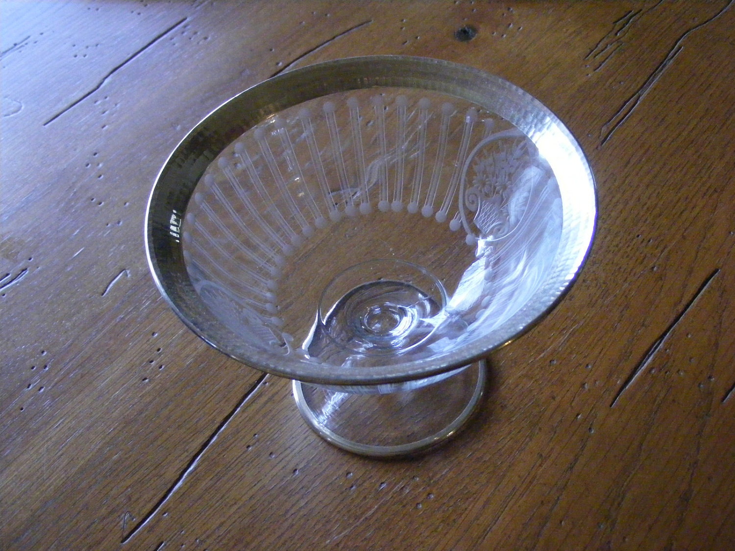 Etched Glass Pedestal Bowl with Sterling Silver Rim