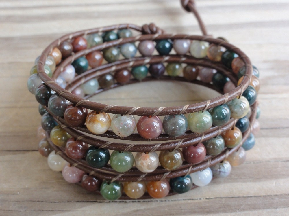 Triple Leather Wrap Bracelet with 6mm Fancy Jasper by GSJewelry