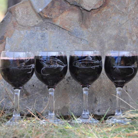 Items similar to Wine Glasses Etched With Fly Fishing Theme on Etsy