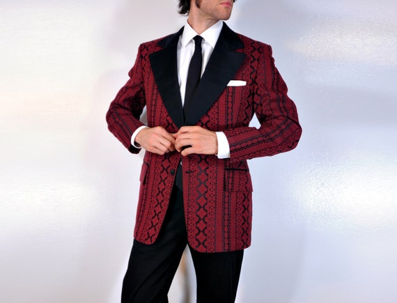 60s 70s Red Christmas Tuxedo Jacket Mens Blazer Wine Brocade Patterned ...