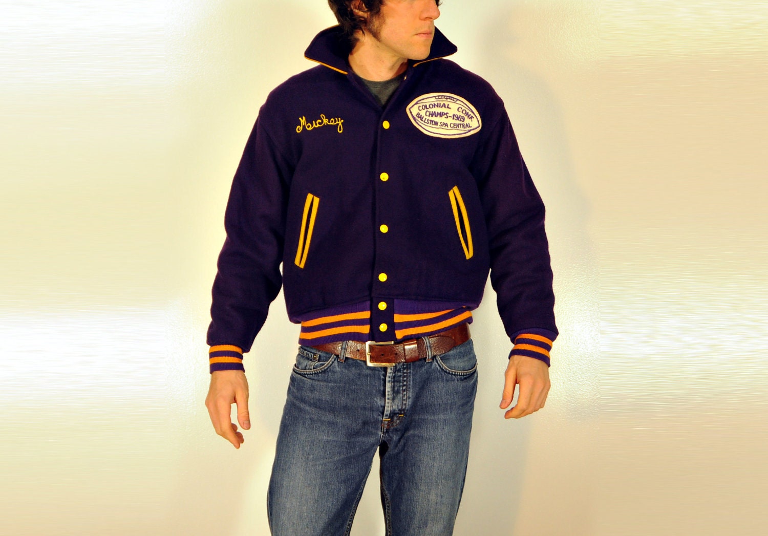 60s Varsity Letterman Jacket Purple Orange Yellow Football