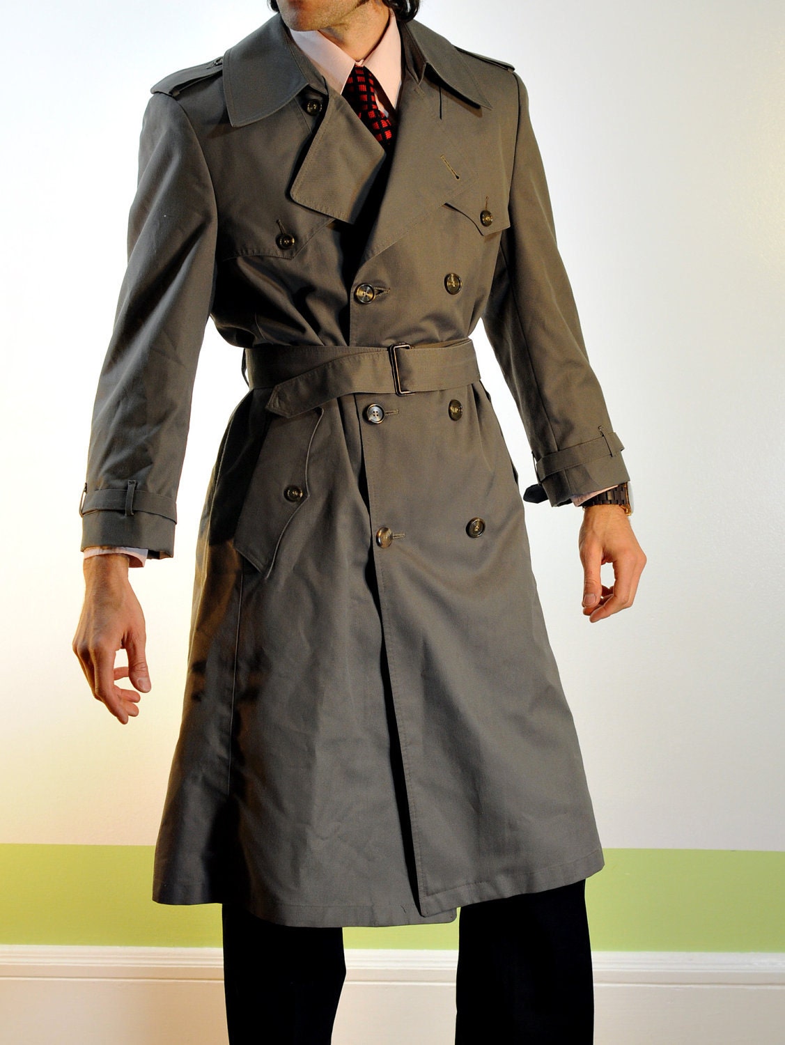 70s Christian Dior Trench Coat Dark Taupe Gray Brown Belted