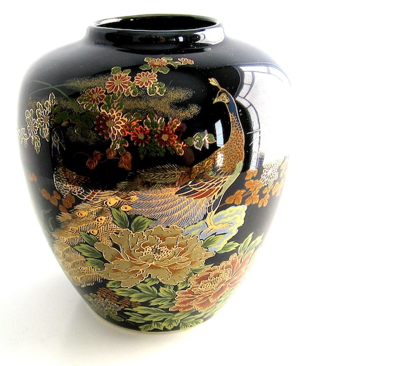 Vintage Porcelain Vase Japanese Asian Black Hand by retrogroovie