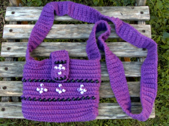 Items similar to Beaded Cross-Body Bag - Hand Crocheted - Purple ...