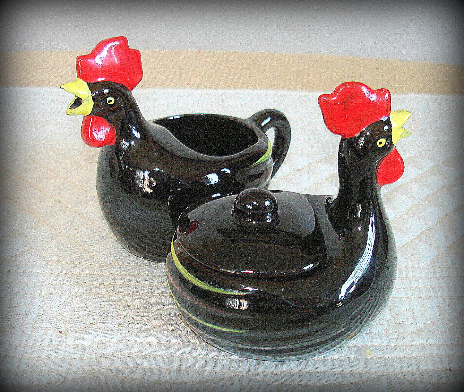 Vintage Black Rooster Creamer & Sugar Set. Smaller Size.
