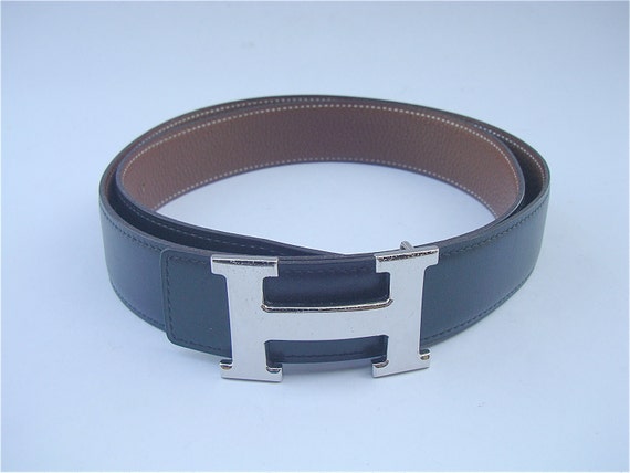 Hermes Leather Belt Buckle Silver H Authentic Black Constance