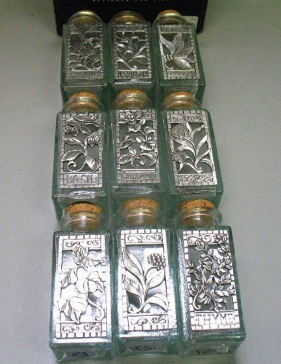 Items similar to Vintage Spice Jar Set Handblown Recycled Glass Pewter