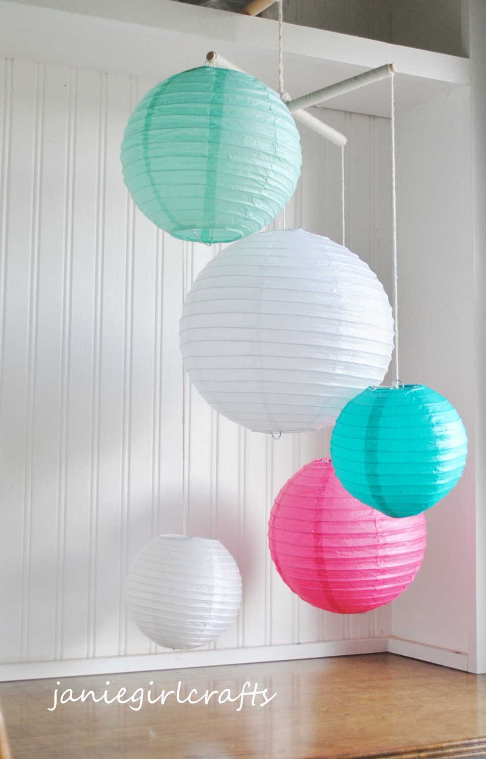 Robin Egg Teal Pink and White Paper Lantern Mobile
