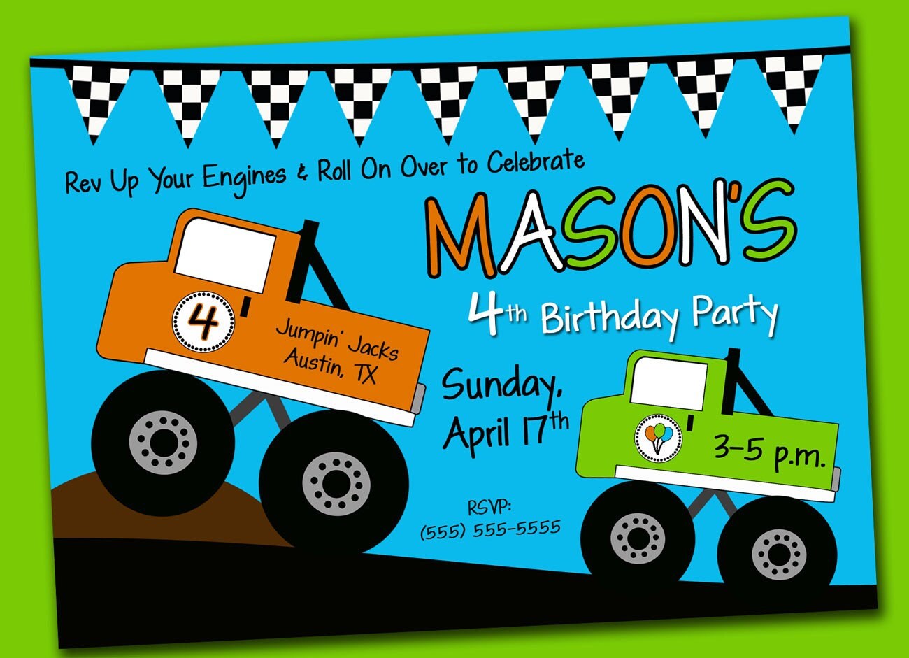 Printable Digital Monster Truck Birthday Party Invitation ...