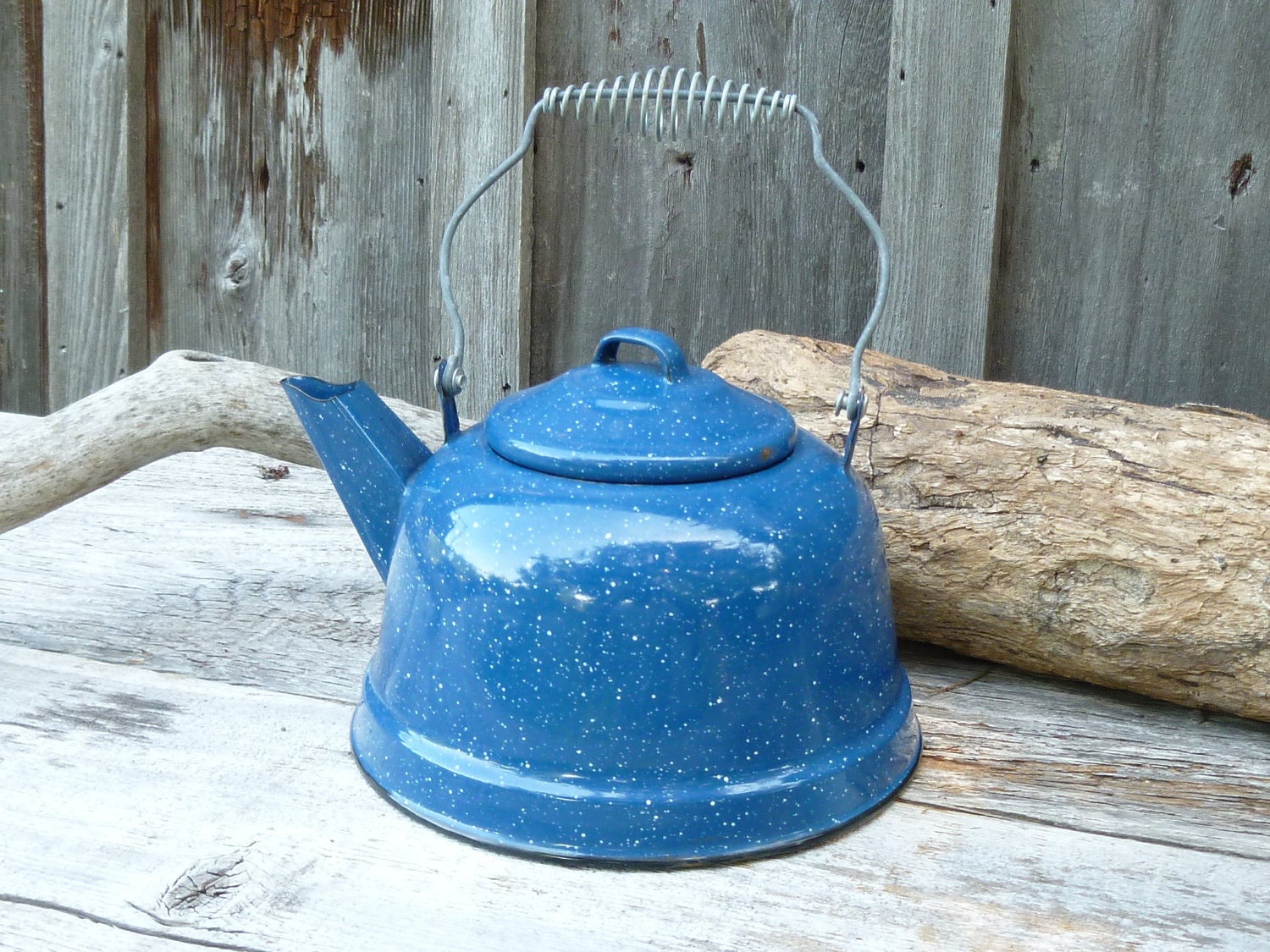 Bright Blue Enamelware Tea Kettle With Wire Handle